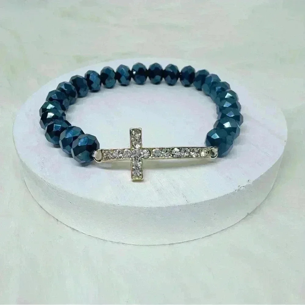 Navy Blue Beaded Bracelet with Rhinestones Cross